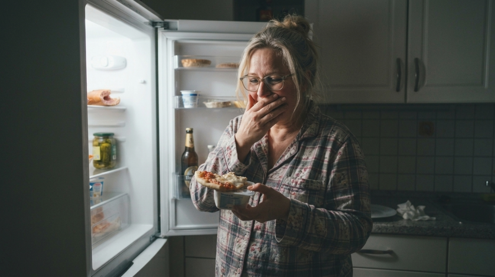 Frau nachts vor dem Kühlschrank mit Pizza