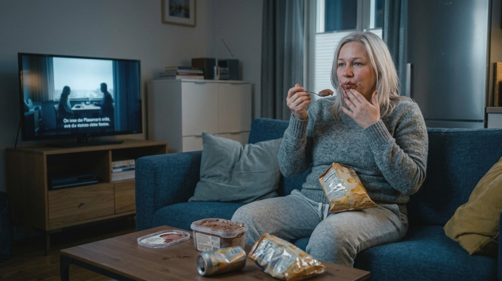 Frau auf dem Sofa mit Eis